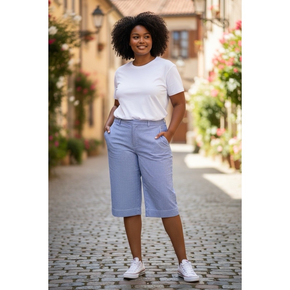 Talbots Women's Size 16p Capri Pants blue and white wide crop